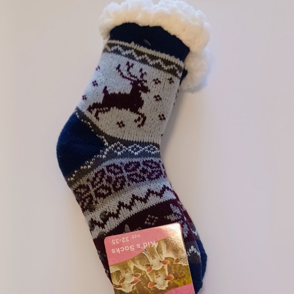 Shengyuzi Kids' Fluffy, Thick Socks - Reindeer Print, Navy, White, Gray NWT